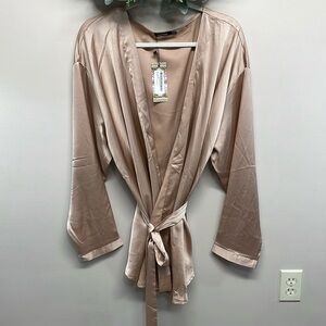 NWT Boohoo Satin Wrap Top Long Sleeve Blouse Nude 20
